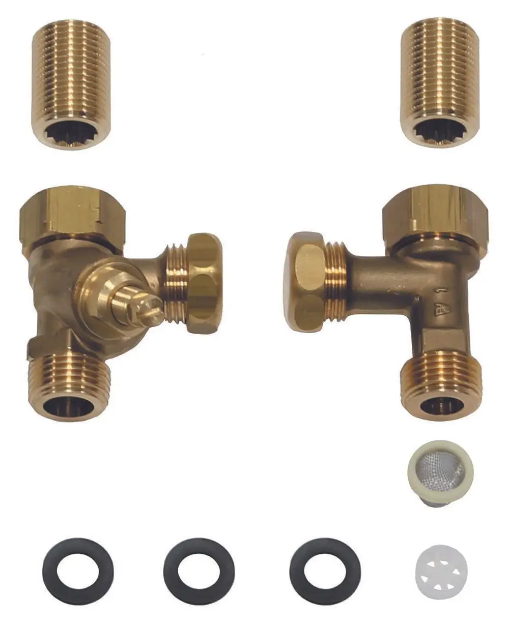 Vaillant Aufputzmontageset mit zwei metallenen Ventilen, einer Dichtungsscheibe und mehreren O-Ringen zur Installation eines Elektro-Durchlauferhitzers.